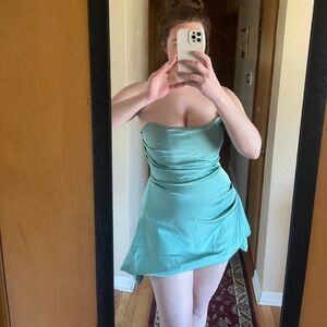 House of CB Strapless Sweetheart Mint Satin Mini Dress